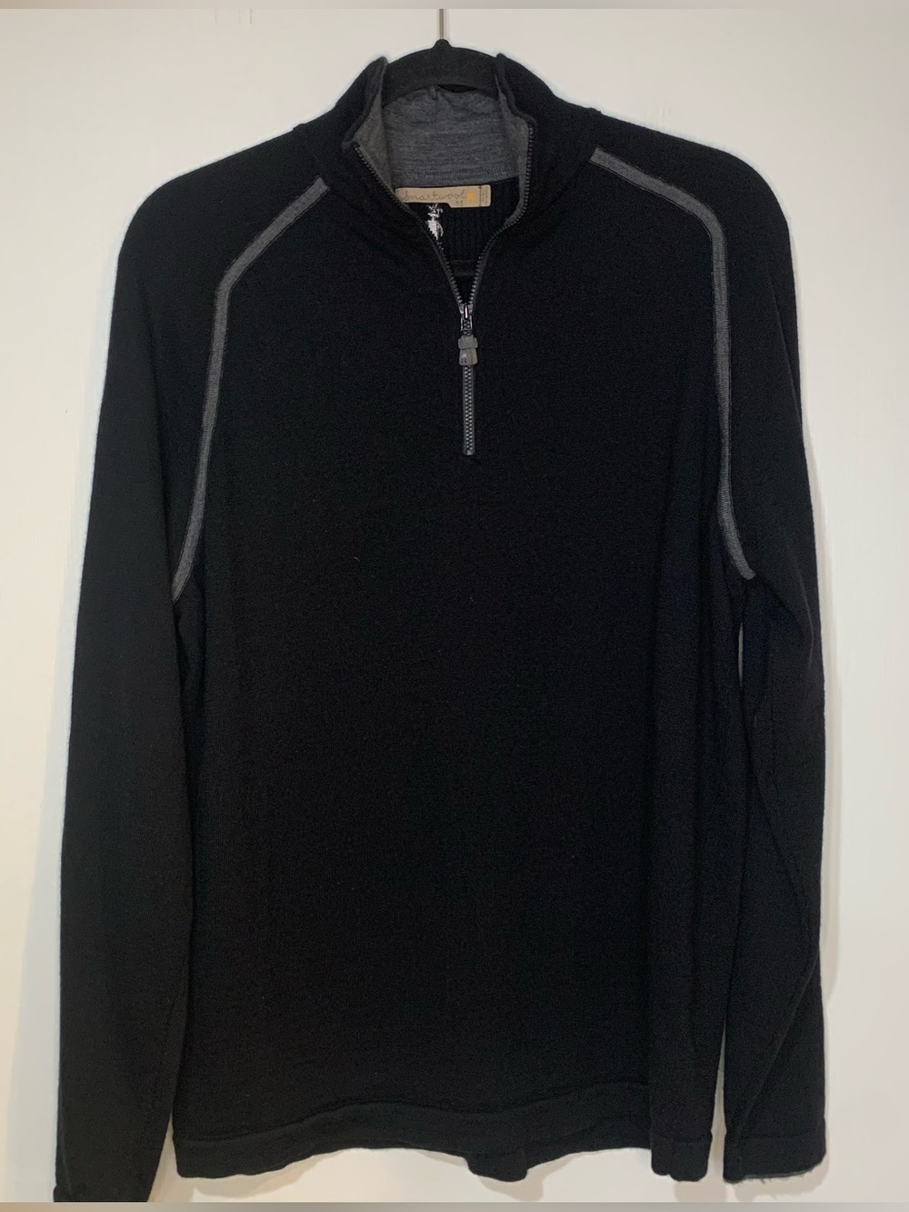 SmartWool Men's 100% Merino Wool Black Quarter-Zip Sweater with Gray Trim. MED.